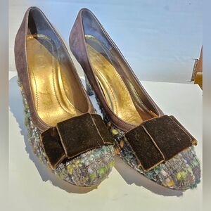 Suede Coach Heel Naomi Tweed Boucle Suede Chunky Block heel pump with velvet bow